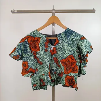 Top court volanté Wax imprimé fleuri tropical vert orange manches courtes A1458