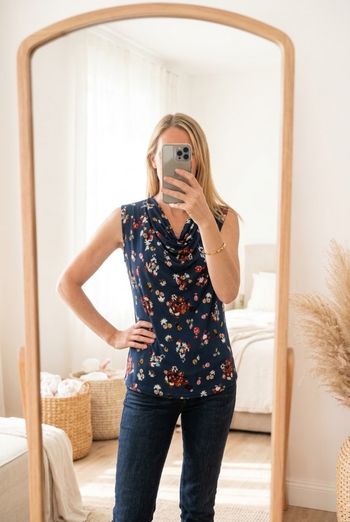 Blouse fluide bleu à fleurs col drapé femme taille S

