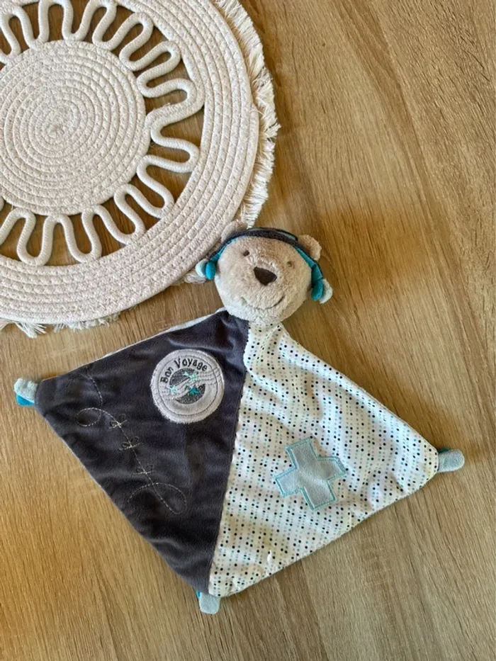 Doudou plat ours aviateur bleu et gris – Sauthon – Très bon état