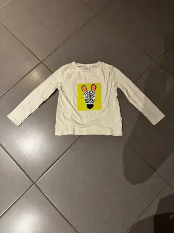T shirt manches longues à sequins - TAO - Tête de zèbre - Blanc, noir, jaune, rose & gris - 6 ans