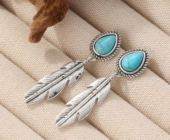 Boucles d’oreilles plumes turquoise style amérindien western vintage bijou argenté élégant, neuf