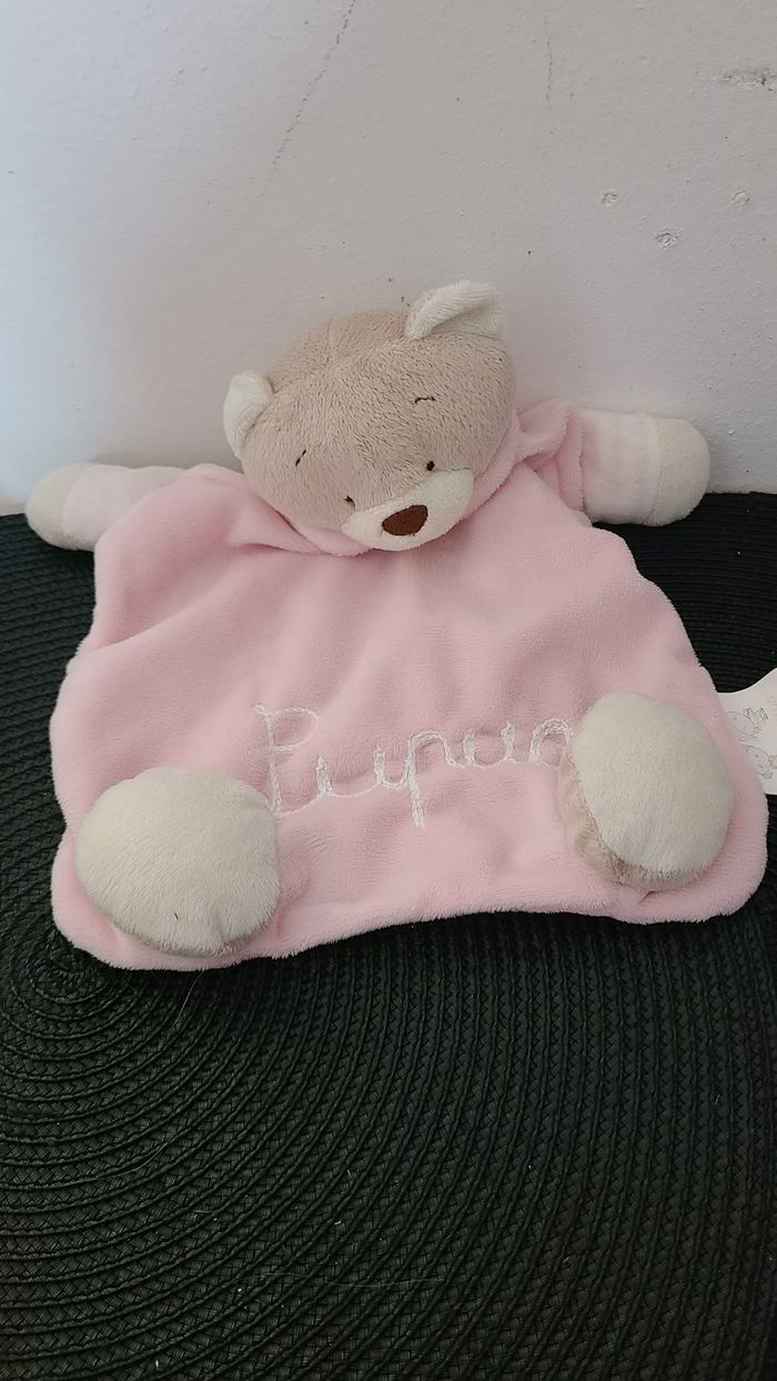 doudou plat ours rose broderie pupuce - photo numéro 3