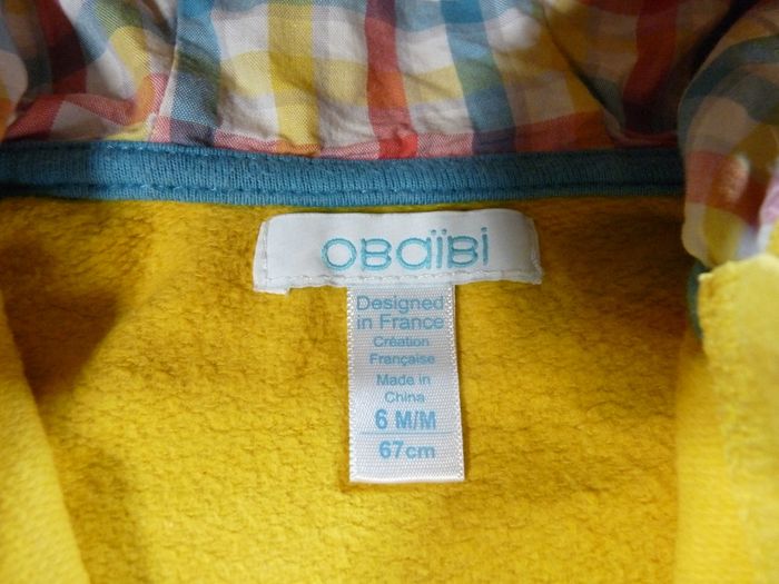 Veste sweat zippé capuche molleton jaune carreaux Obaïbi 6 mois 67 cm garçon - photo numéro 2