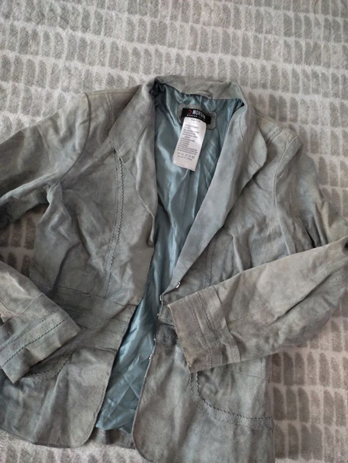Veste cuir croûte de porc bleu gris Morgan taille S 36 - photo numéro 2