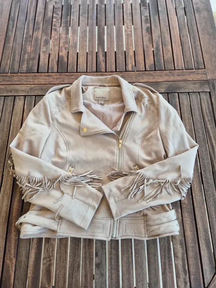 Veste / Perfecto suedine taupe a franges Amisu T.40 - photo numéro 3