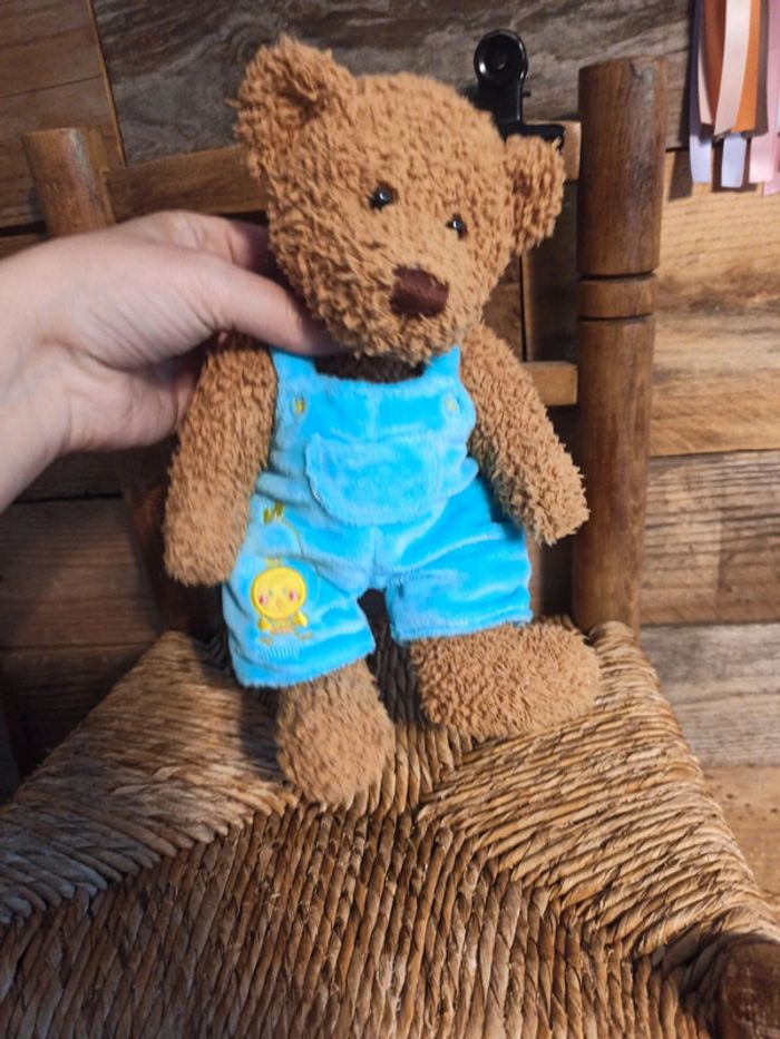 Peluche ours Nicotoy salopette bleue tbe - photo numéro 3
