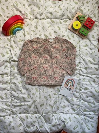 blouse manches longues beige motifs noir et rose 12 mois pickouic