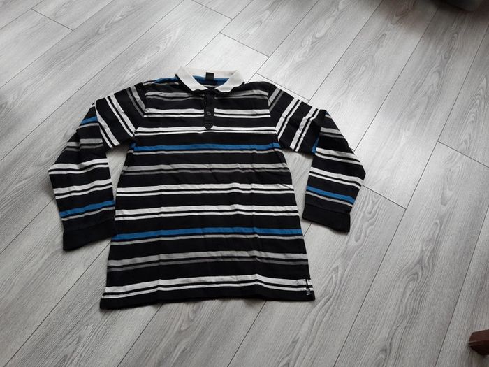 Polo raye bleu bris blanc