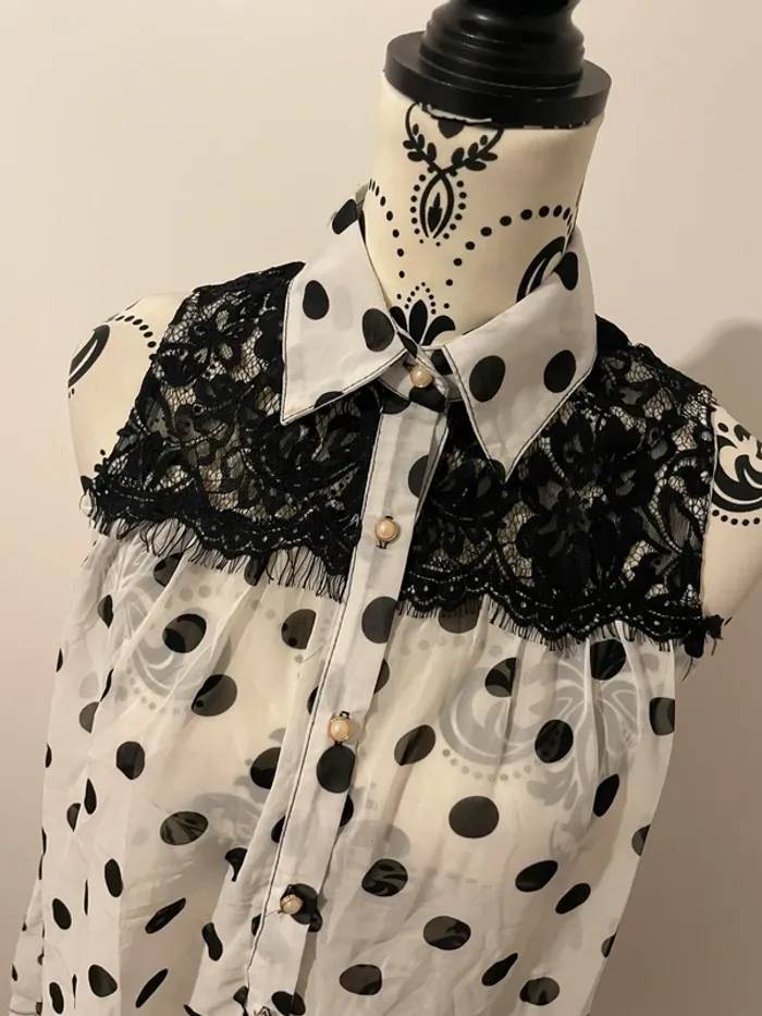 Chemise débardeur sans manche neuf Liu Li taille S/M noir à pois blanc à dentelle - photo numéro 4