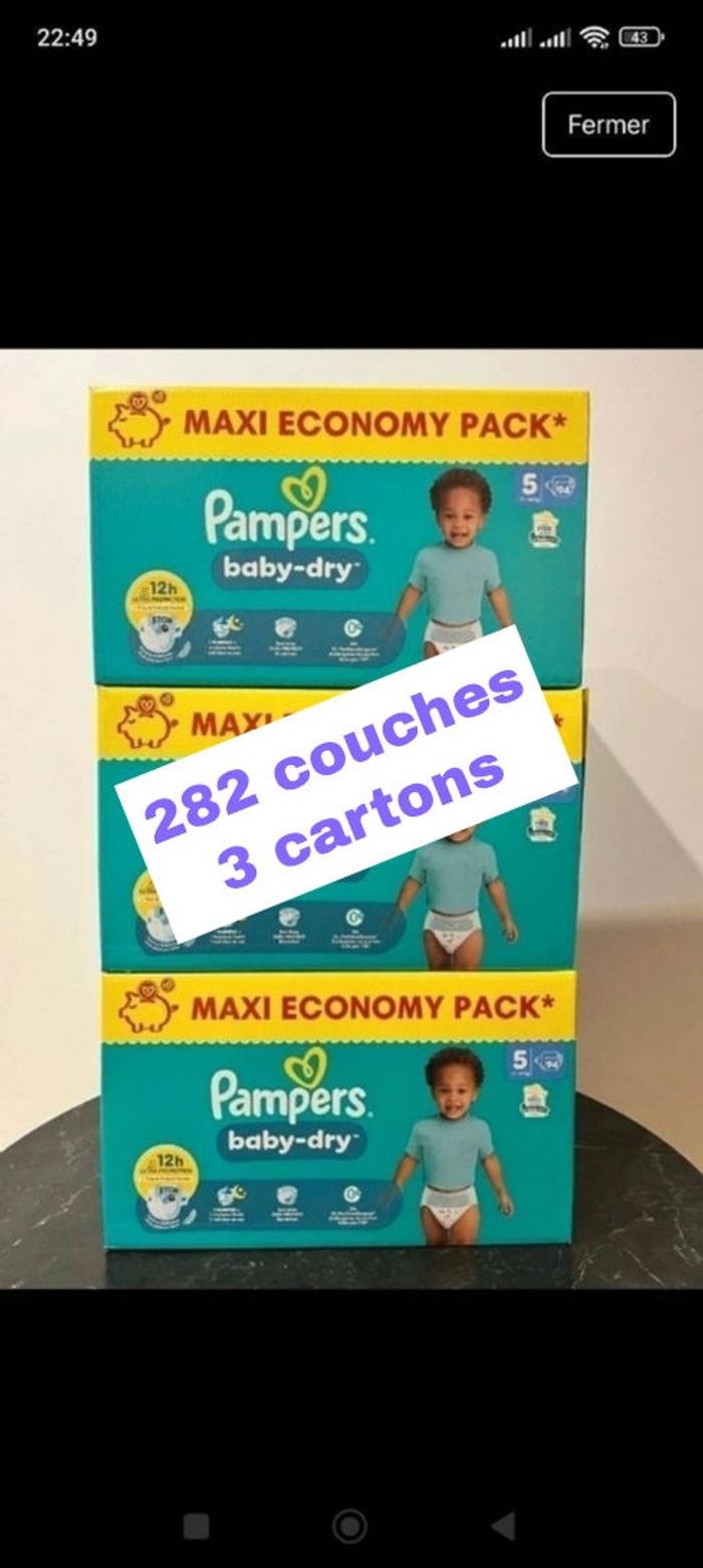 282 Couches Pampers taille 5 Baby Dry lot de 3 cartons 👍 envoi demain