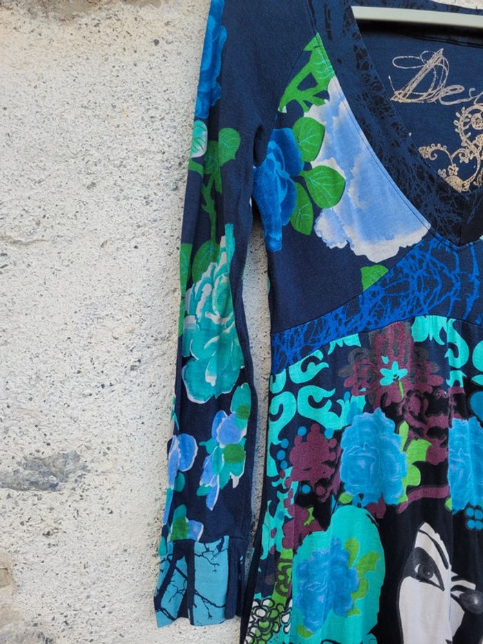 Superbe robe boule Desigual, tons bleus et verts, manches longues, taille M (40) - photo numéro 6