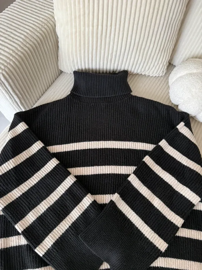 Pull col roulé Zara marinière noir
