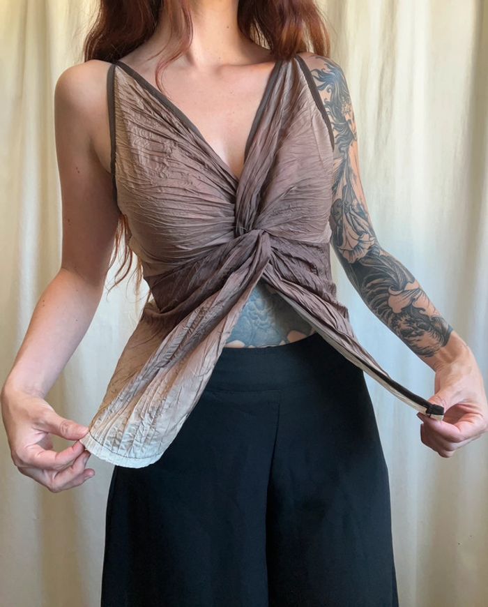Top effet croisé matière froissée marron tie dye Witchy vintage 90s - Taille M - photo numéro 2