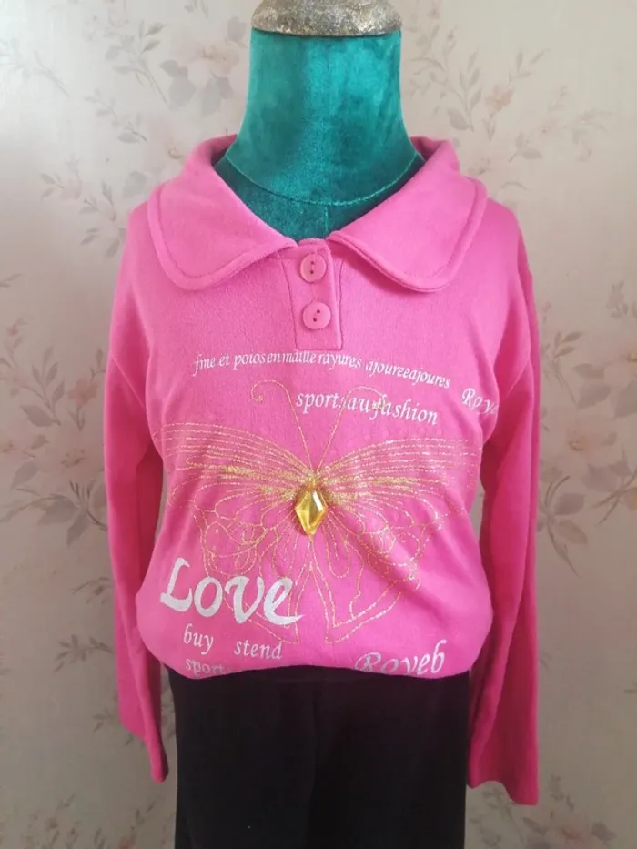 Pull fin rose avec col boutons imprimé papillon et message / tong tong / (8ans) - photo numéro 3