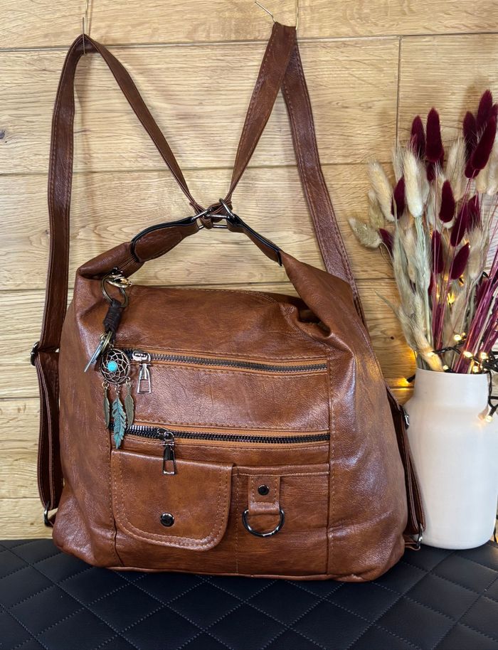 Sac à main marron convertible sac à dos femme simili cuir grande capacité neuf - photo numéro 2