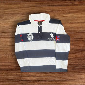 Polo rugby à rayures noires et blanches – style patchwork, col blanc