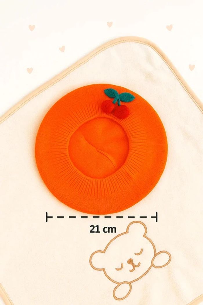 🍒 Unique Orange Cotton Beret with Handmade Cherry Detail – Cozy Autumn & Winter Hat – Gift Ready - photo numéro 3