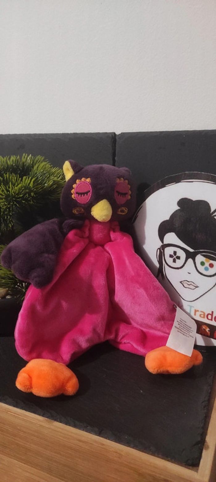 doudou hibou chouette rose violet grelot pmc lingerie orange jaune