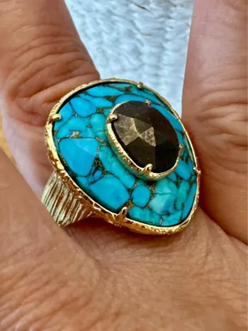 Grosse bague habaha Paris turquoise et obsidienne dorée véritables acier inoxydable or réglable