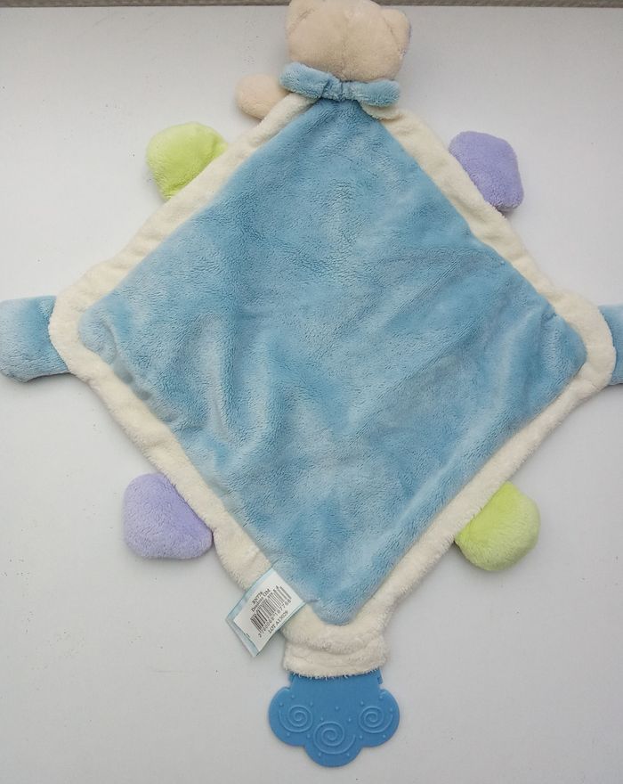 Doudou carré grelot ours baby nat' bleu ciel, bleu ciel, vert broderie super doudou, anneau de dentition - photo numéro 2