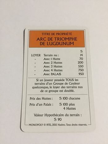 Carte Arc de triomphe de lugdunum jeu de société Monopoly le tour de Gaule d'Astérix Hasbro #A53
