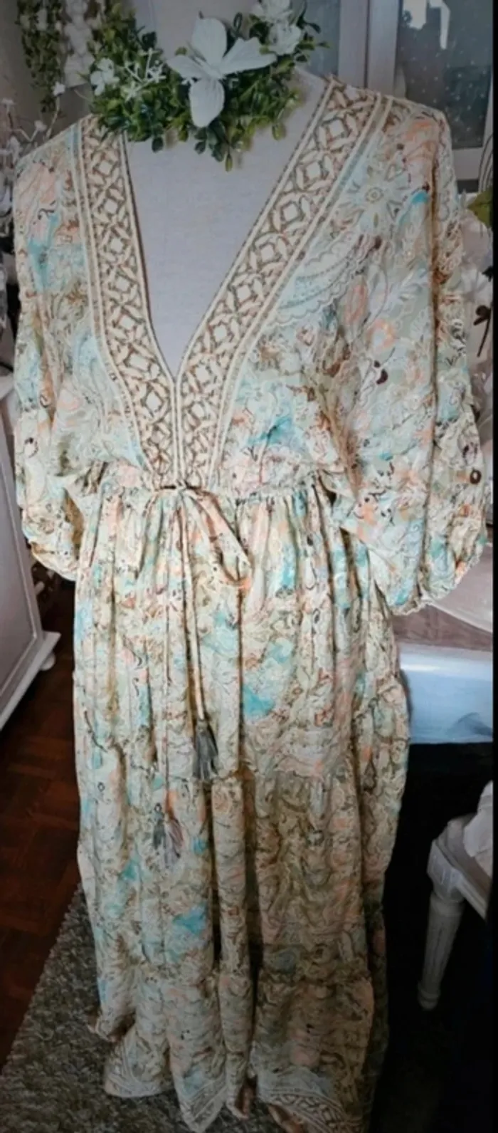 Robe bohème longue en soie vert multicolore Taille 40 Neuve - photo numéro 3