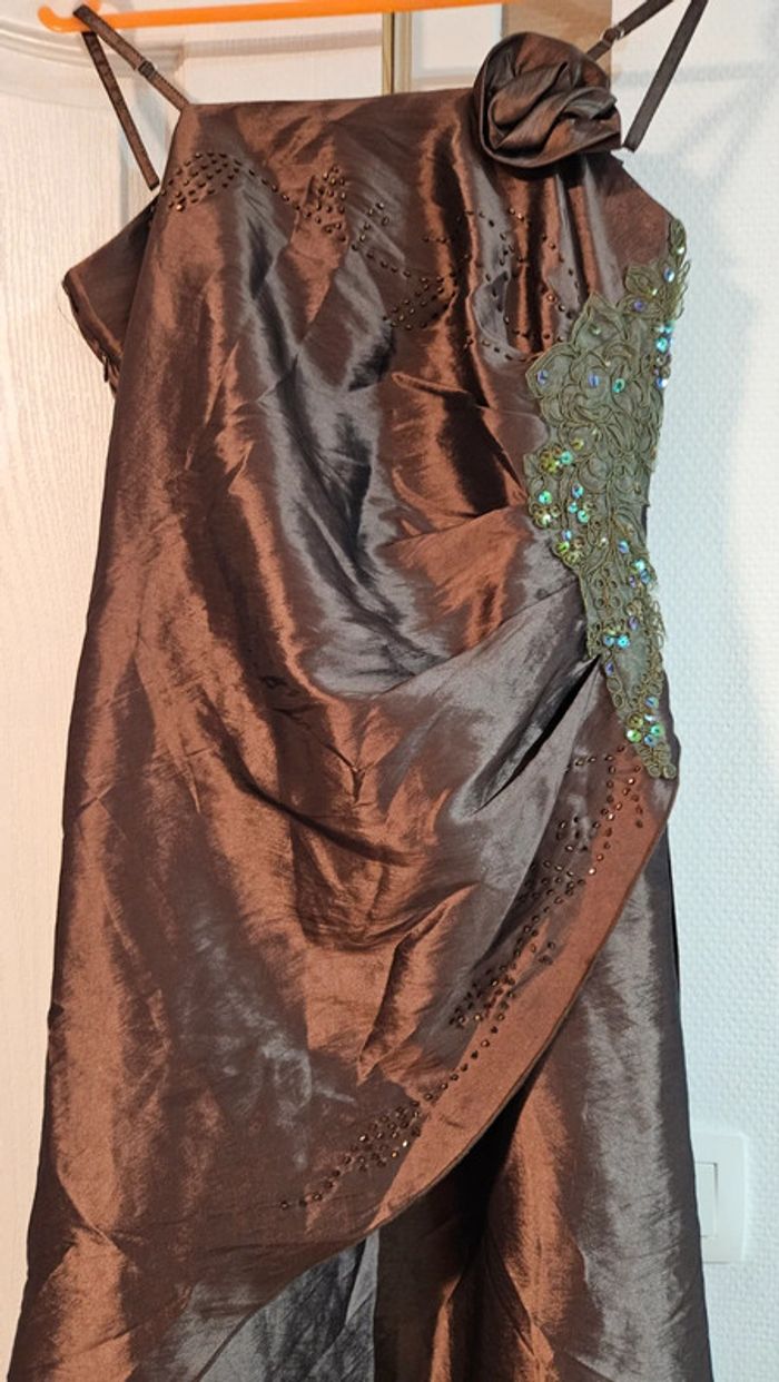Robe longue de soirée brun satiné, à bretelles, Envie Collection, XL - photo numéro 4