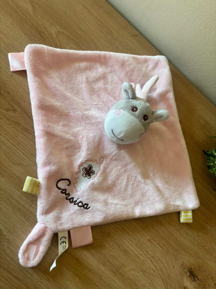 Doudou plat âne vache cheval rose attache sucette corsica textisun