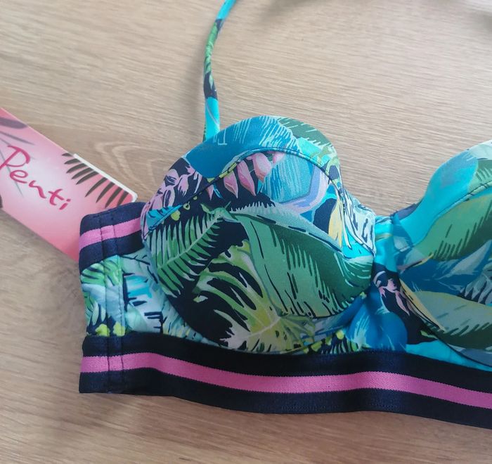 Haut de maillot de bain tropical bleu turquoise rose Taille 34 Penti - photo numéro 9