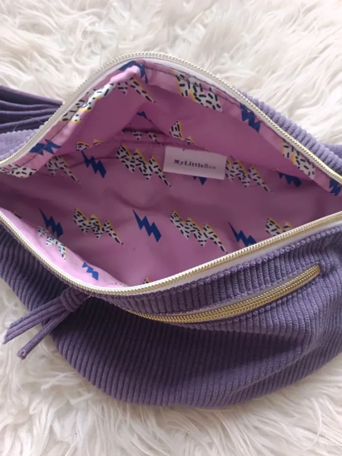 Sac banane My Little Box en velours côtelé violet parme motifs éclair à l'intérieur Neuf - photo numéro 3