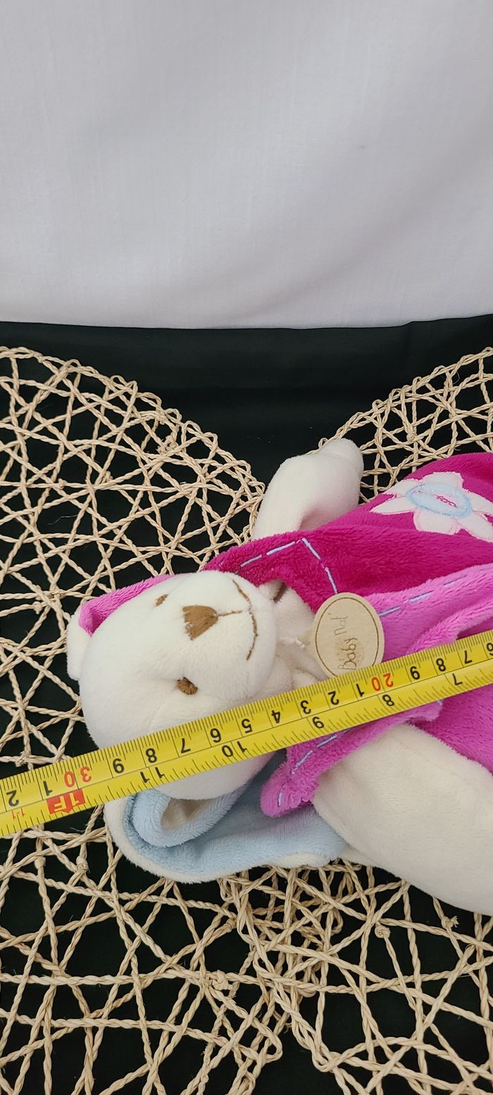 Doudou lapin blanc salopette rose bleu fleur BABY NAT - photo numéro 6