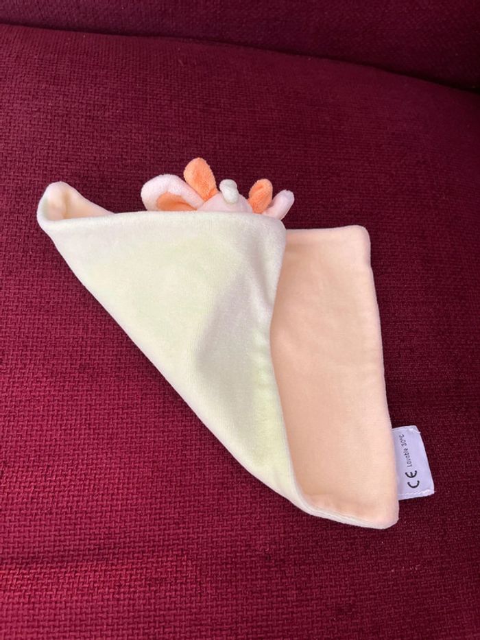 Doudou, plat, velours, carré, vache, tête, peluche, orange jaune vert - photo numéro 2
