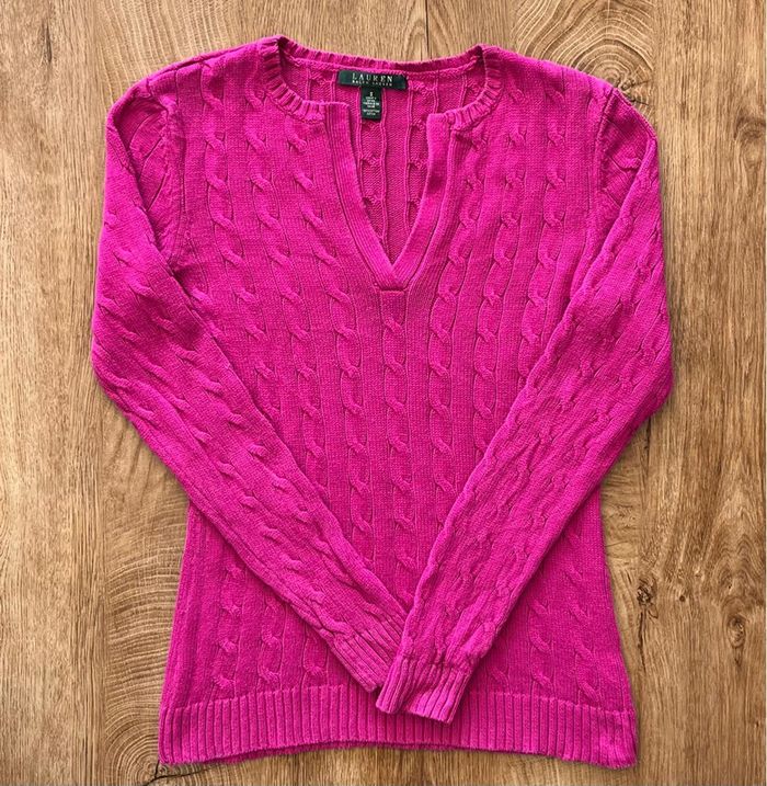 Pull torsadé rose col V Lauren Ralph Lauren pour femme, taille S - photo numéro 3