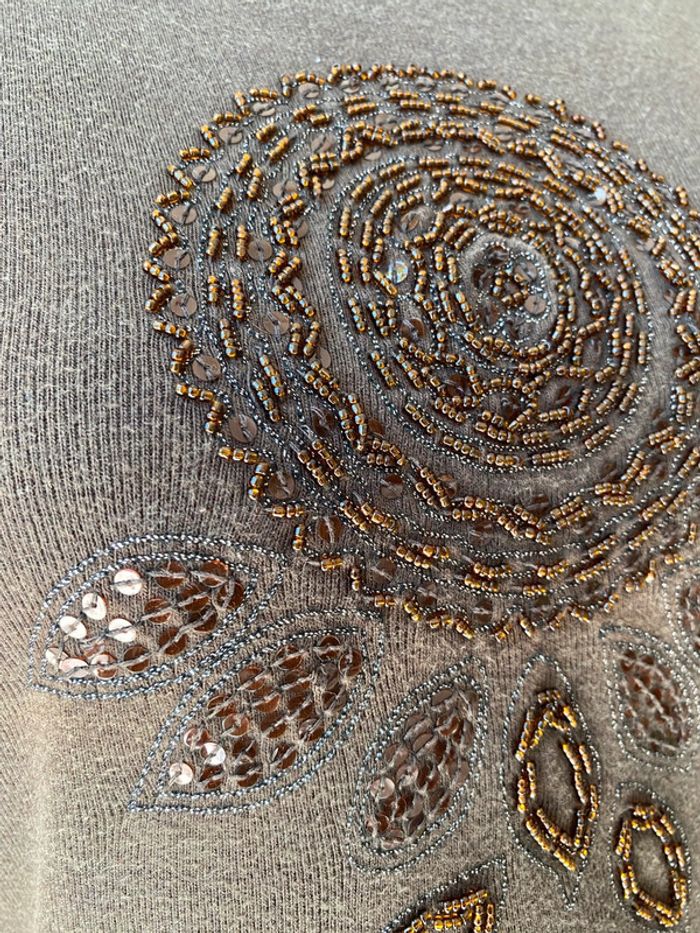 T-shirt marron brodé de perles vintage M - photo numéro 6