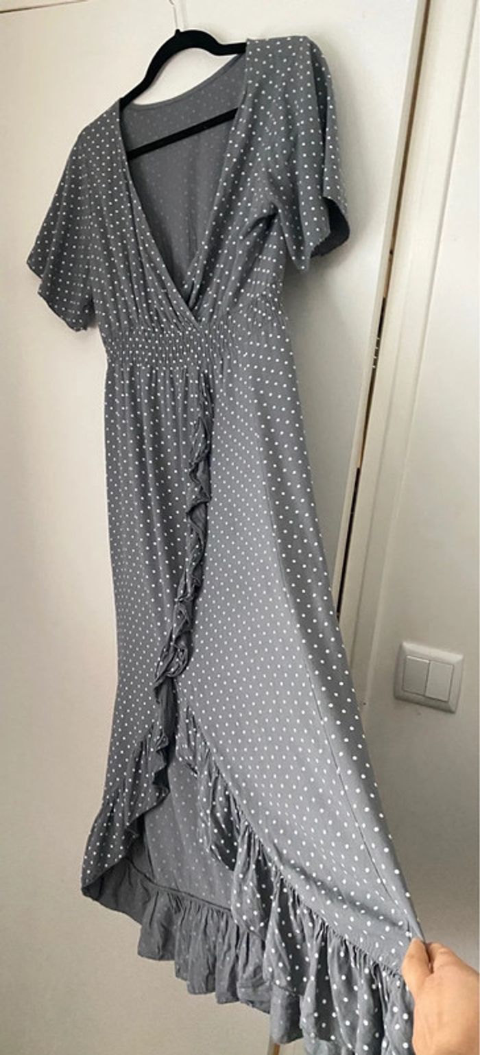 Robe Asymétrique Longue À Pois Avec Volant Taille S - photo numéro 4