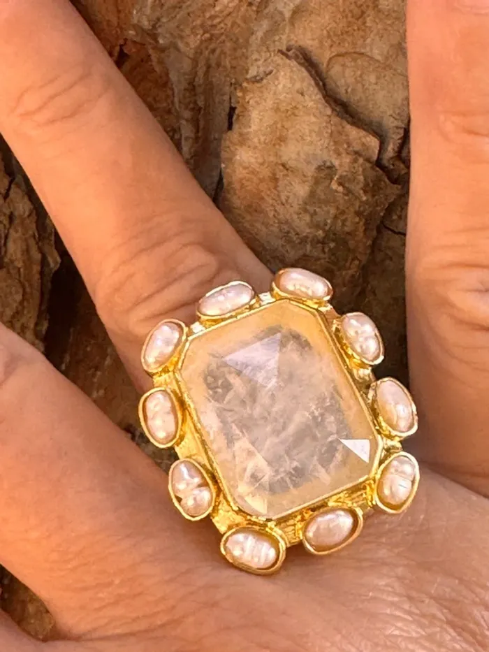 Grosse bague habaha Paris cristal de roche pierres eaux douces  acier inoxydable or réglable - photo numéro 2