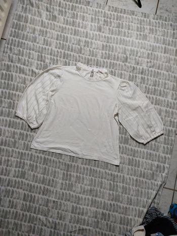 Blouse tee-shirt manches 3/4 bouffantes écru camaïeu taille 38