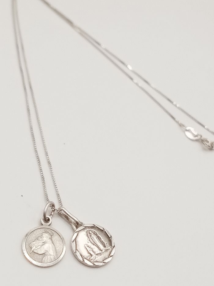 Collana vintage argento 925 e 800 ciondoli medagliette religiose Vergine Miracolosa e sant'antonio con Gesù