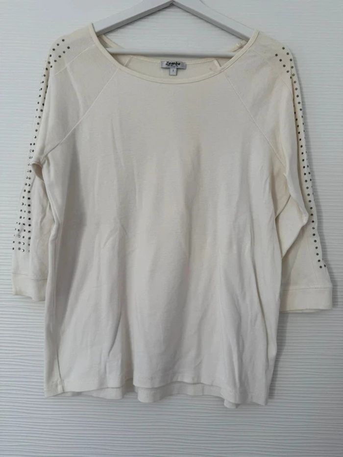Haut t-shirt blanc crème uni manches 3/4 blanc avec strass col rond
