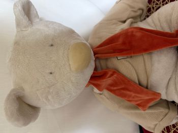 Peluche doudou ours  beige Basile pull rayé Linvosges Moulin Roty grand modèle