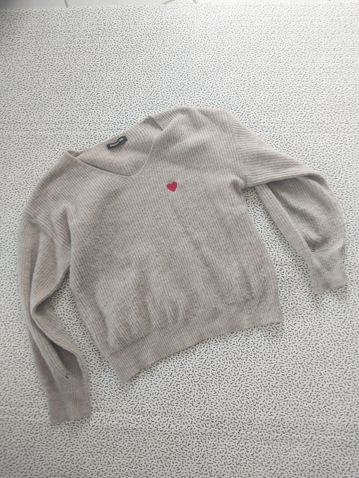 pull beige cœur rouge femme doux chaud taille 36 38 40 oversize tendance - photo numéro 1