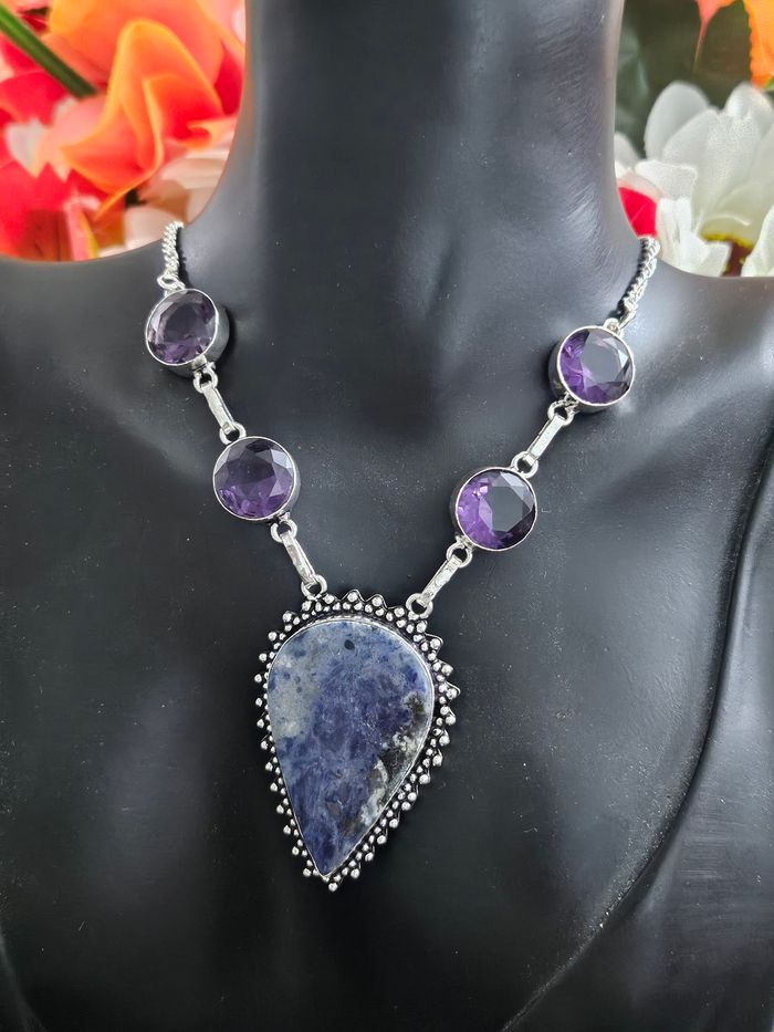 Collier en argent sterling 925 avec pierre sodalite et améthyste - photo numéro 2