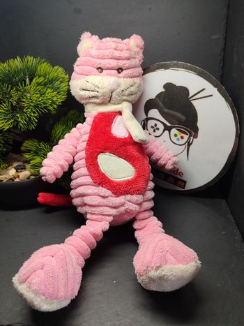 Doudou peluche chat tex baby rose rouge blanc écharpe côtelé 