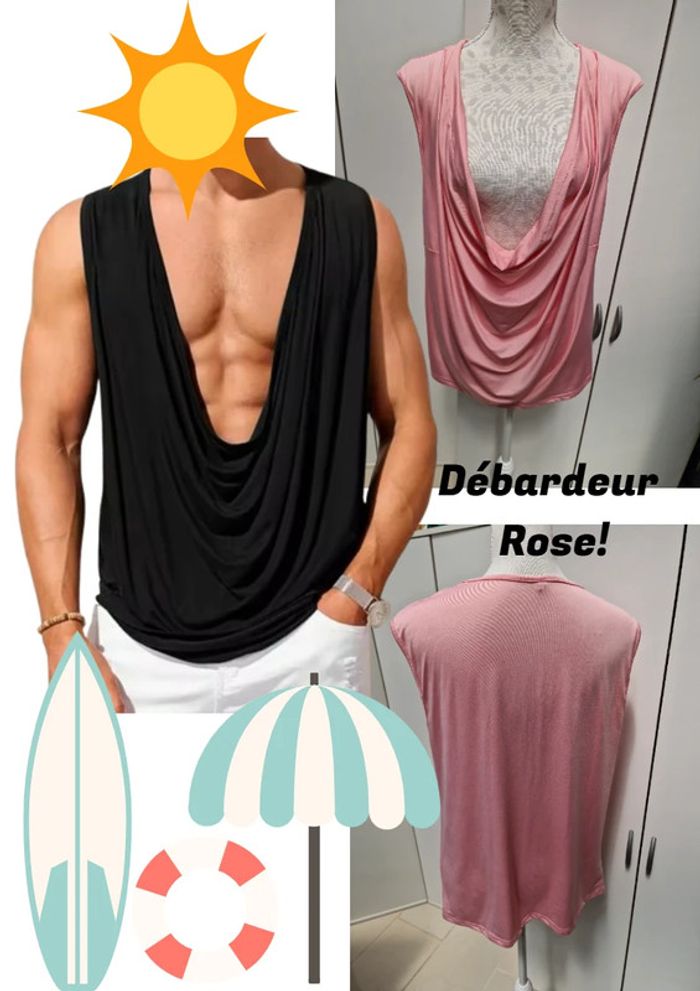 Débardeur Rose Pastel Drapé Décolleté Sexy Plongeant Homme