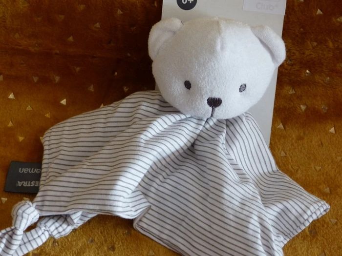 Doudou ours plat orchestra blanc gris rayé neuf - photo numéro 2
