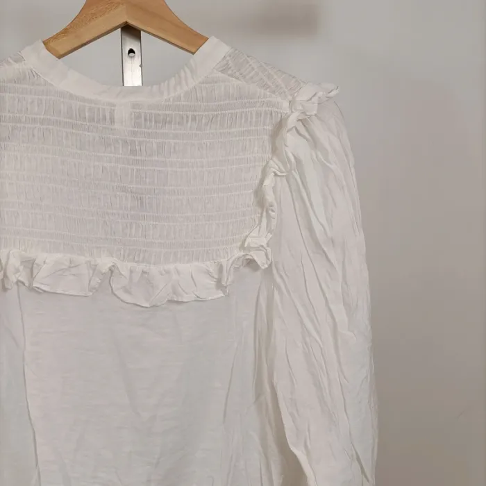 Blouse blanche à volants et smocks col rond – viscose – taille L A1010 - photo numéro 9
