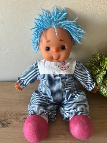 Ancienne poupée chiffon cheveux en laine bleu  vintage