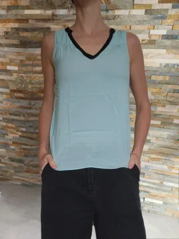 Blouse fluide Naf Naf 34 bleu turquoise col V noir