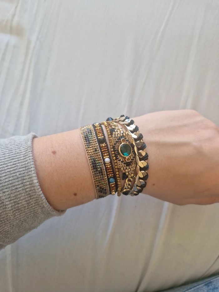 Bracelet manchette hipanema doré marron turquoise taille M