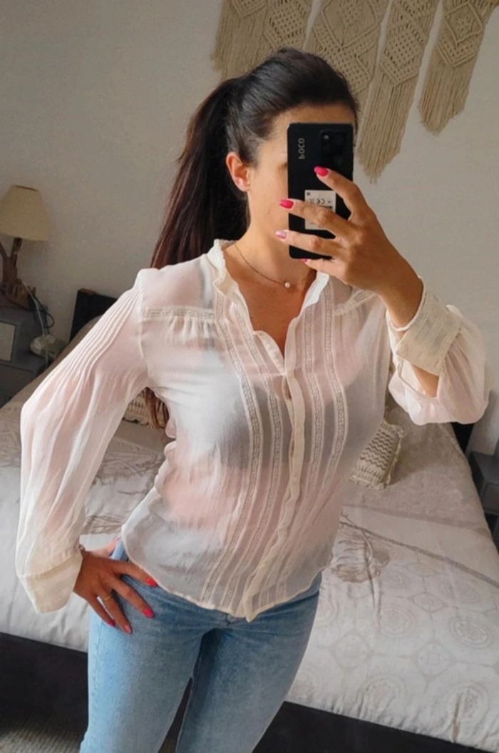 Chemise Chemisier écru 123 Un Deux Trois 100% soie T44 détail dentelle transparent neuf - photo numéro 3
